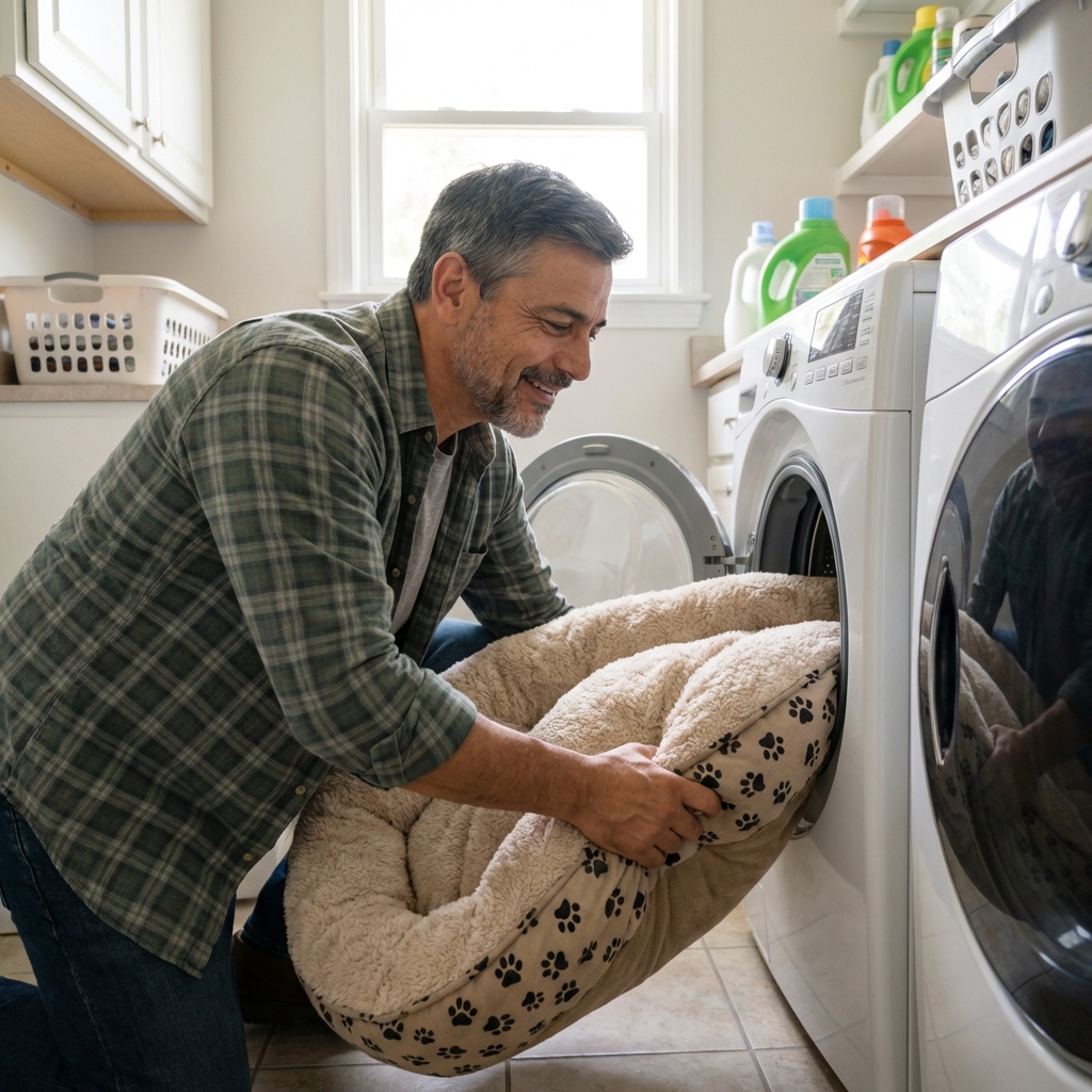 A real photo of a washing machine with pet bedding being loaded in a bright laundry room