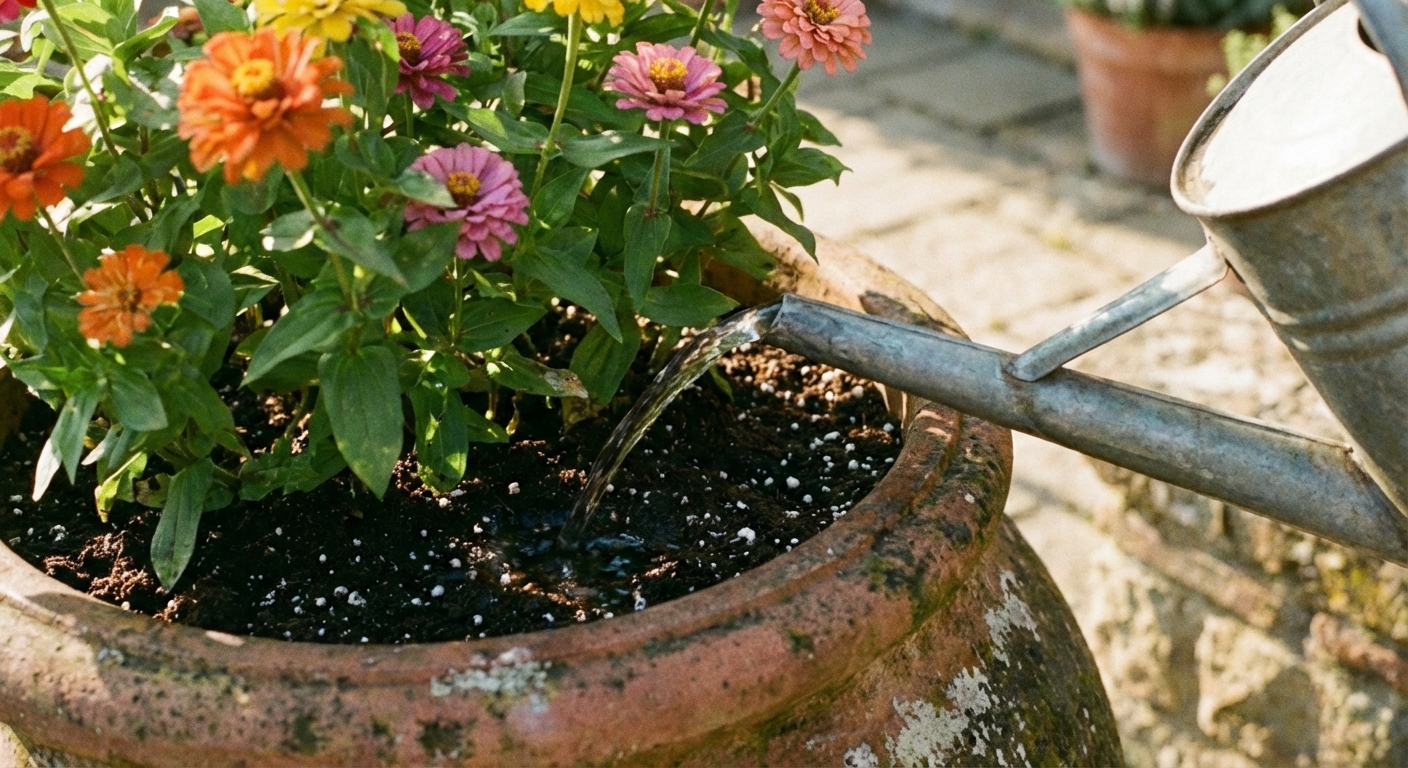 A real photo of a watering can spout aimed at the soil surface of a potted zinnia, avoiding the leaves
