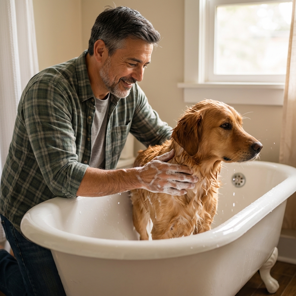 A real photo of a wet dog being gently lathered in a bathtub