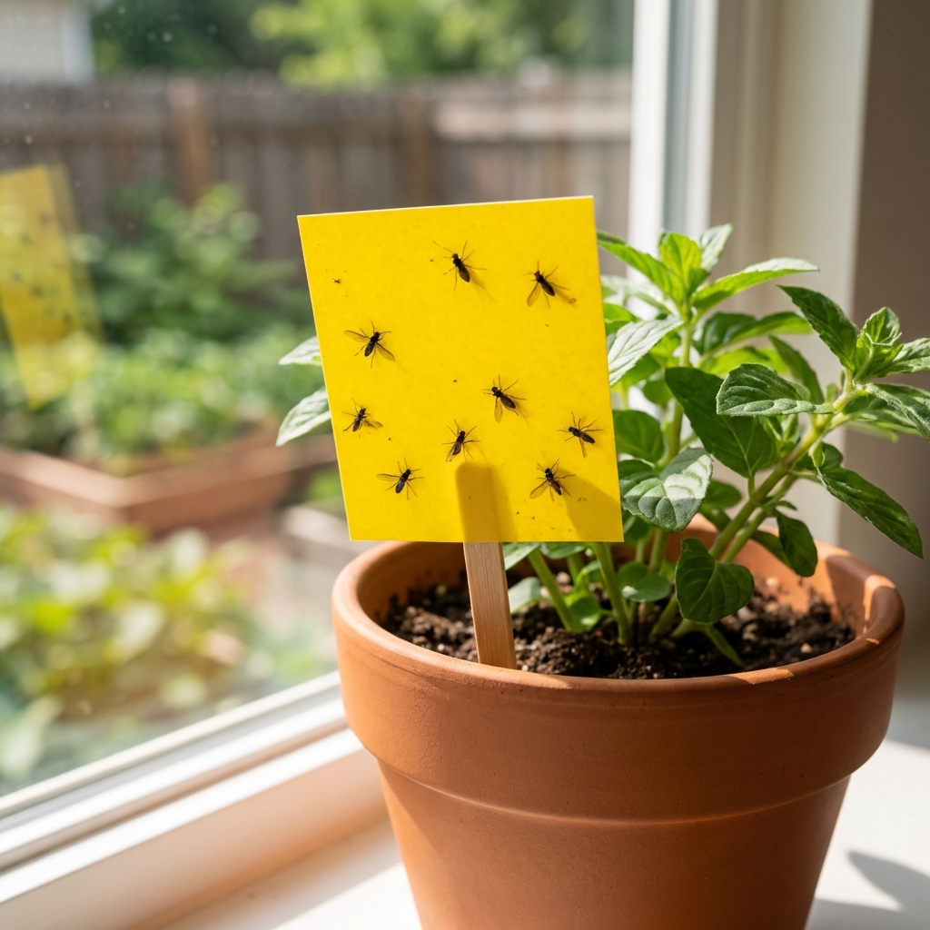 A real photo of a yellow sticky card on a small stake inserted into a houseplant pot with a few trapped gnats visible