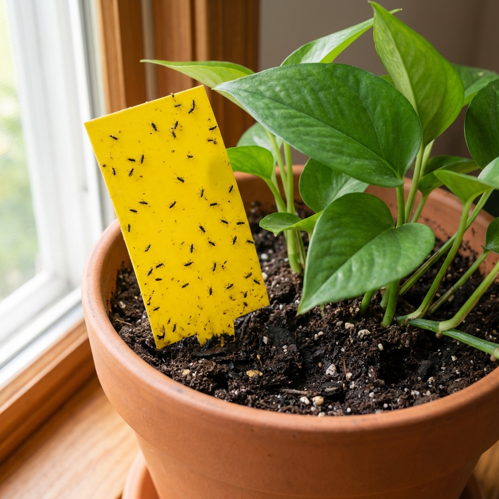 A real photo of a yellow sticky trap placed in the soil of an indoor potted plant