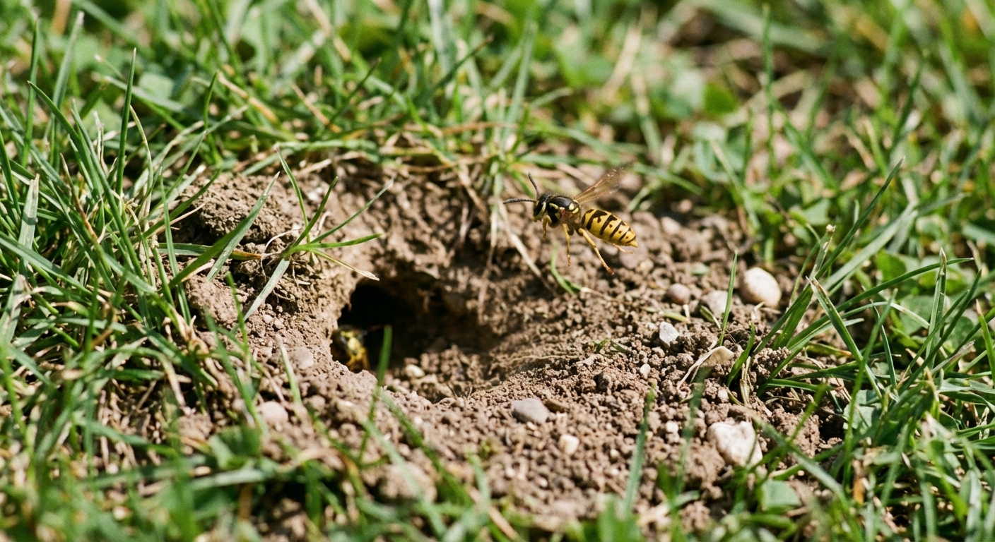 A real photo of a yellowjacket wasp near the opening of a ground nest in a lawn