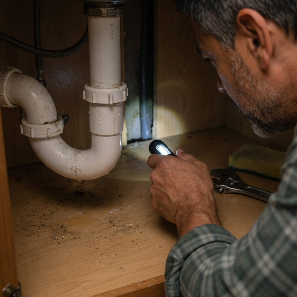 A real photo of an adult hand using a flashlight to inspect a small gap under a kitchen sink pipe