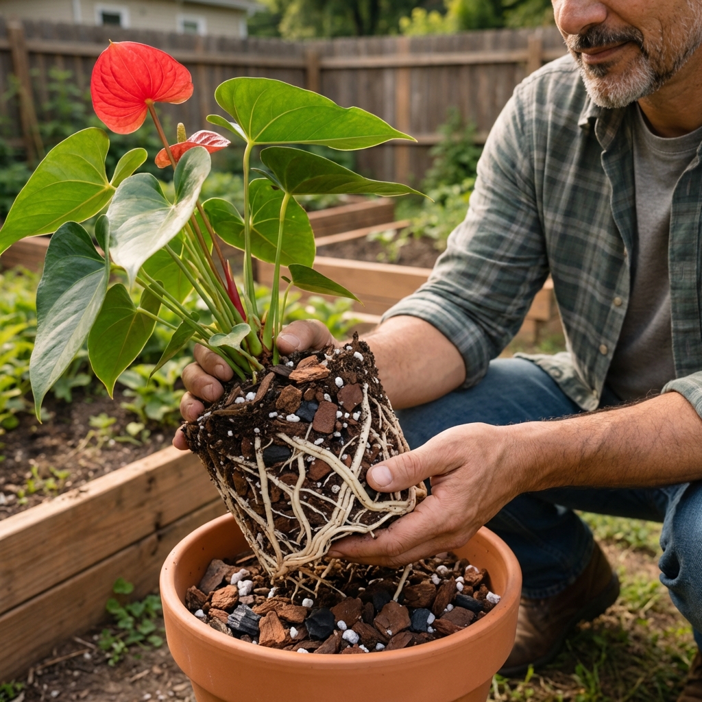 A real photo of an anthurium being repotted with visible healthy white roots and chunky potting mix