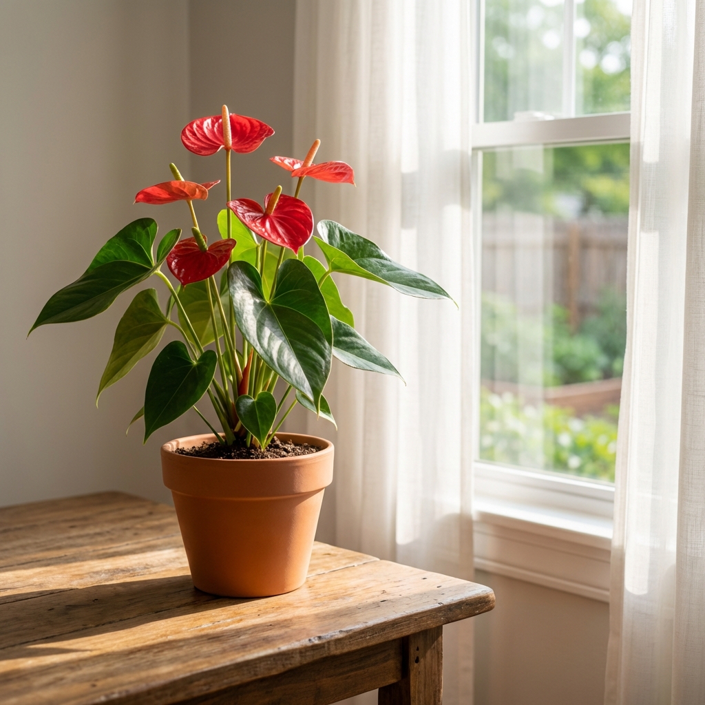 A real photo of an anthurium plant placed a few feet from a bright window with filtered light