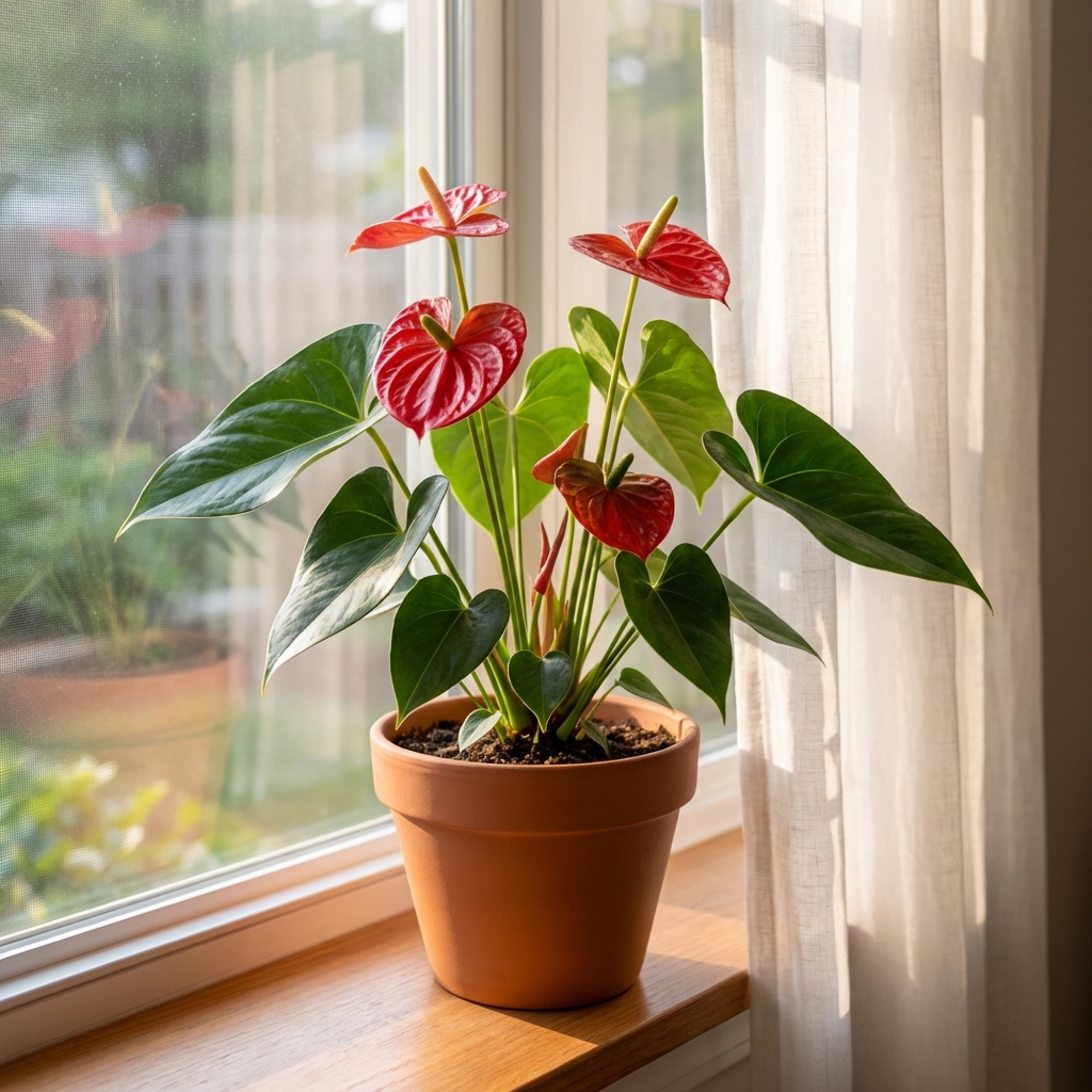 A real photo of an anthurium plant placed near a window with a sheer curtain diffusing bright sunlight