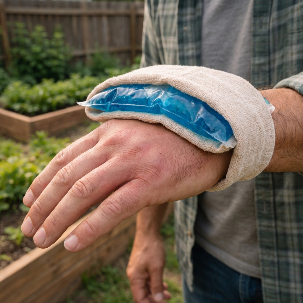 A real photo of an ice pack wrapped in a thin towel resting on a swollen hand from a wasp sting