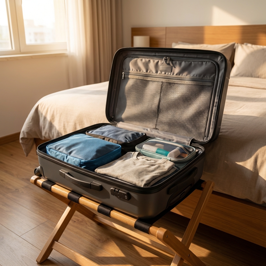 A real photo of an open suitcase on a luggage rack in a hotel room