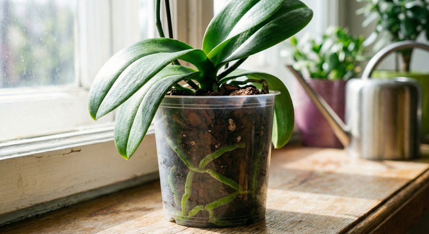 A real photo of an orchid in a clear pot with silvery roots visible and bark mix inside