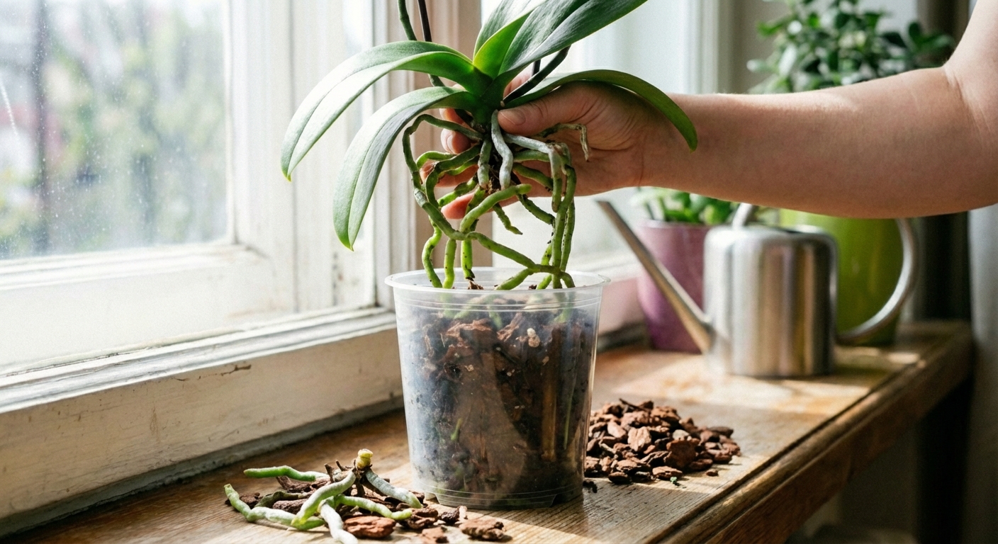 A real photo of an orchid root system held above a pot with fresh bark mix ready to be added