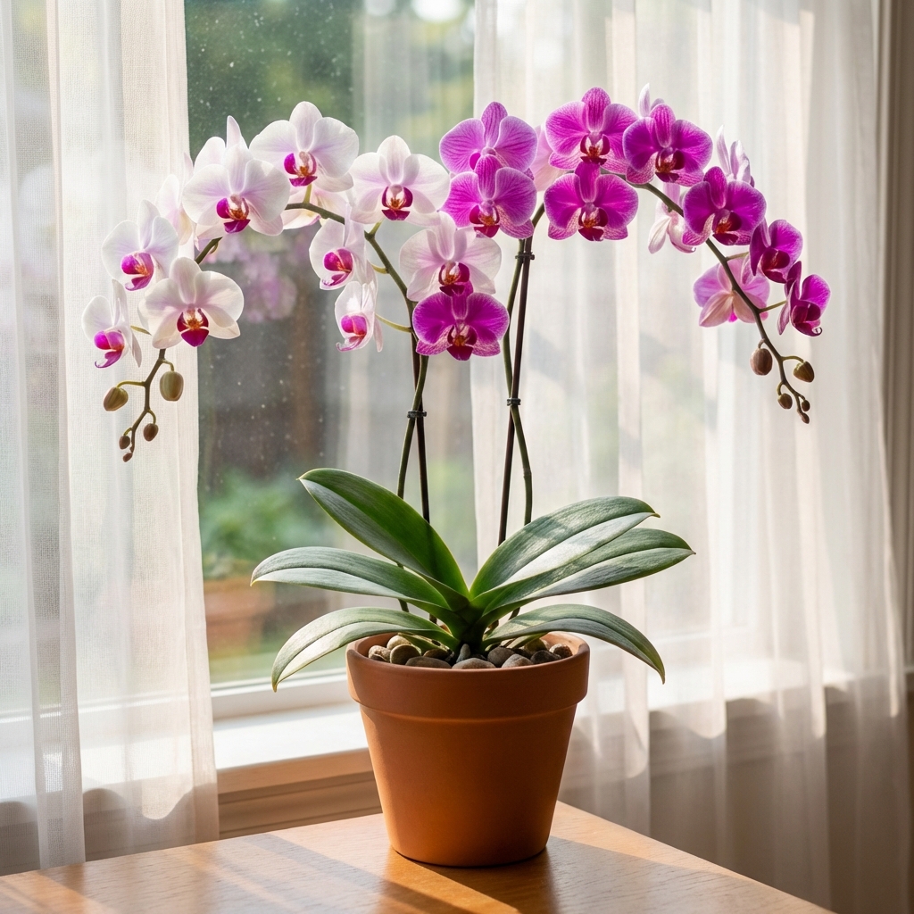 A real photo of an orchid sitting a few feet back from a sunny window with a sheer curtain