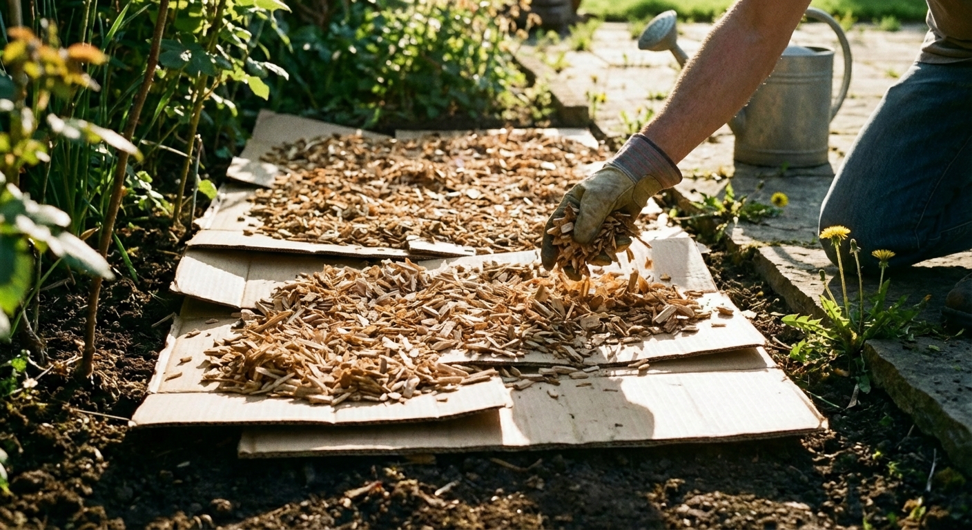 A real photo of cardboard laid on soil in a garden bed with fresh wood chip mulch on top