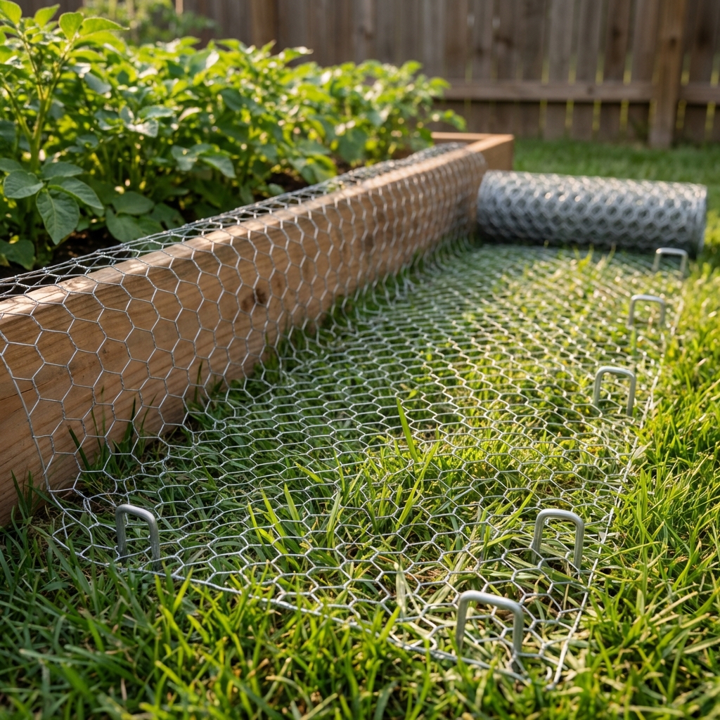 A real photo of chicken wire laid flat over a lawn and pinned down with landscape staples near a garden bed