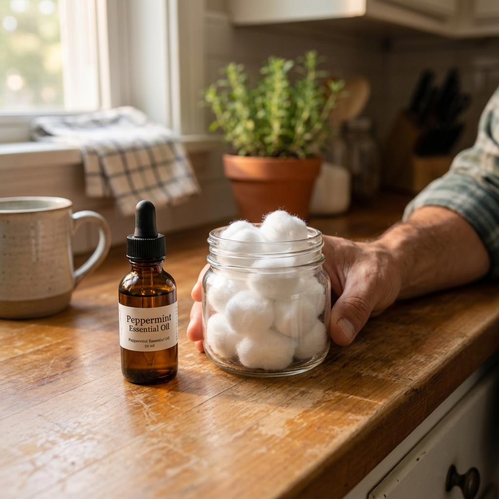 A real photo of cotton balls in a small glass jar next to a bottle of peppermint essential oil on a kitchen counter