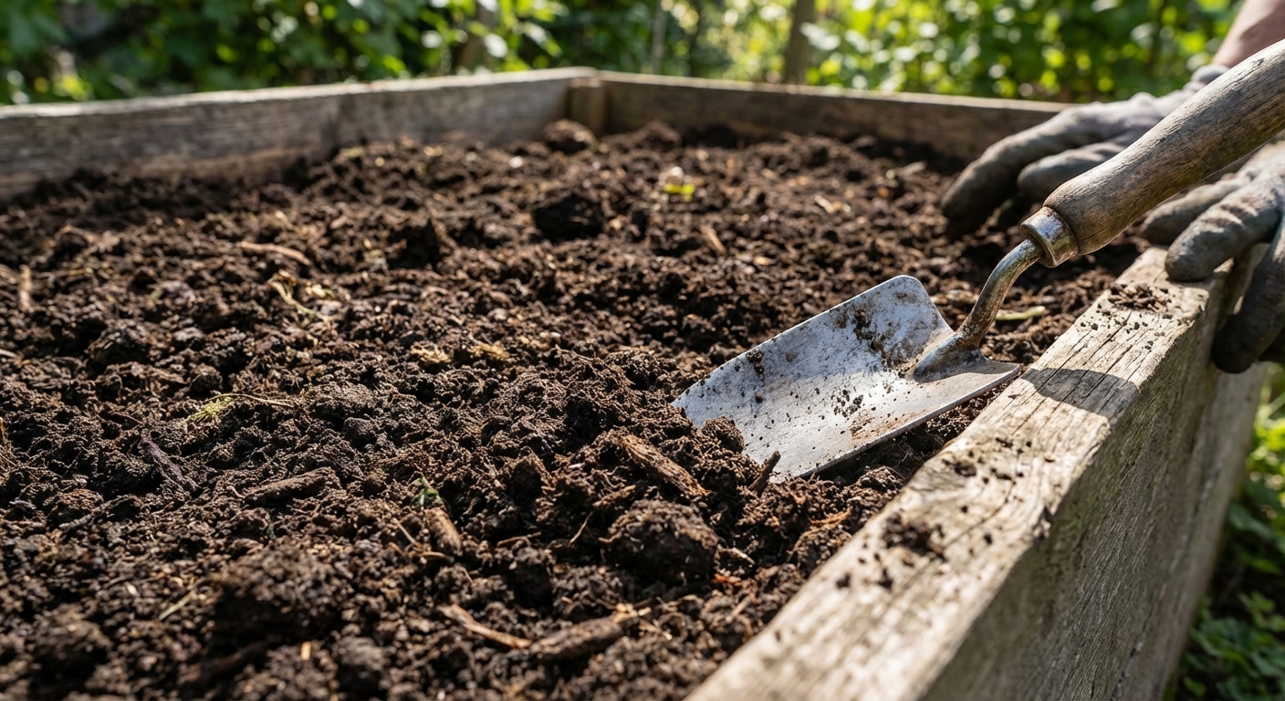 A real photo of dark, crumbly garden soil in a raised bed with a hand trowel resting on the edge