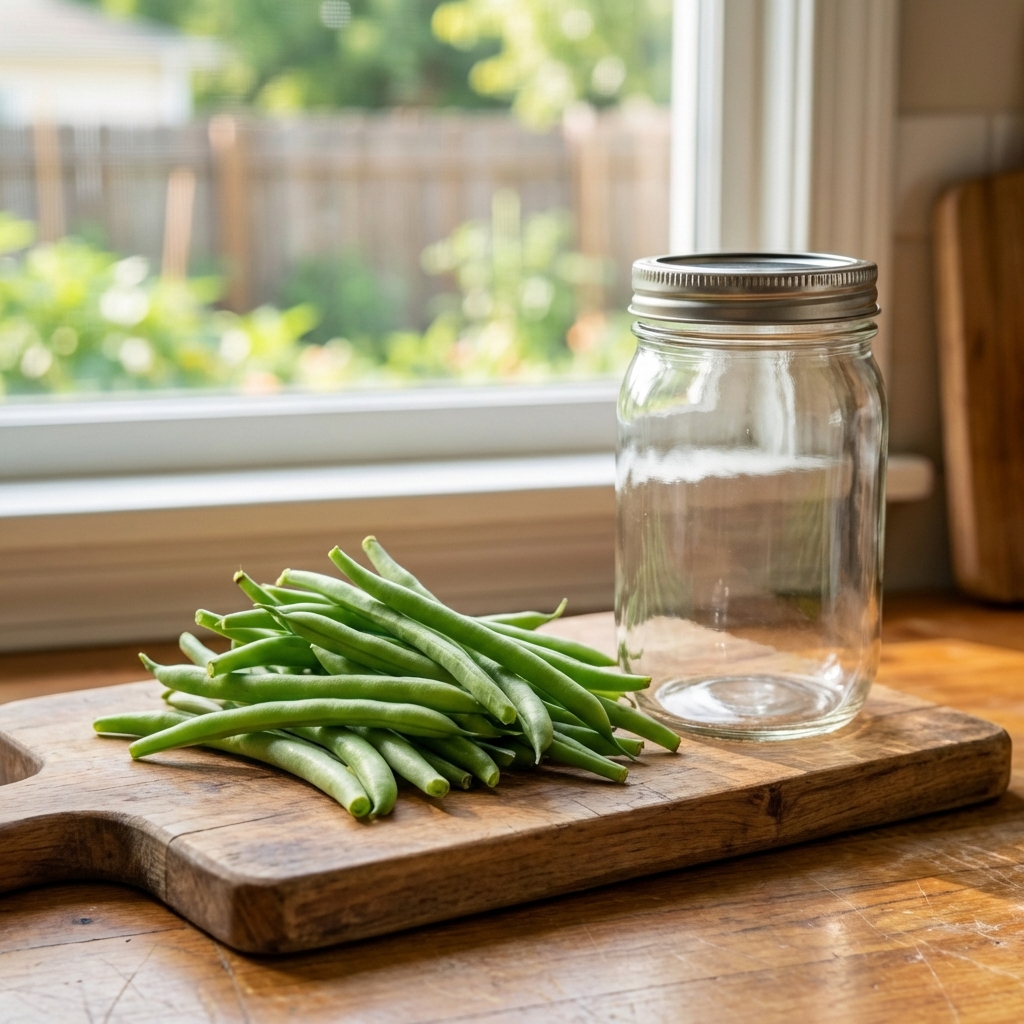 A real photo of fresh green beans on a cutting board with the stem ends trimmed, next to an empty clean jar
