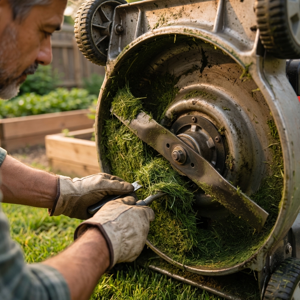 A real photo of grass clippings packed inside a mower deck near the blade