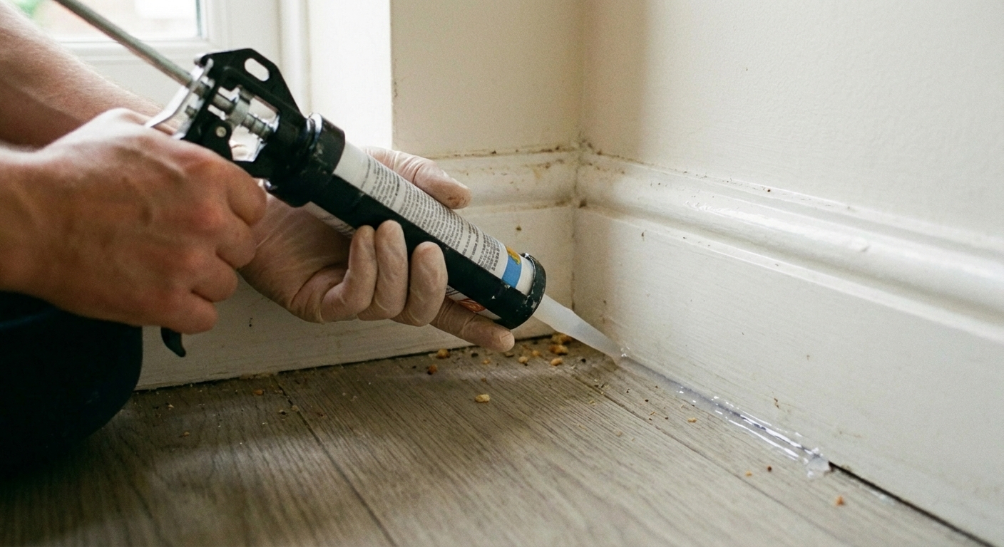 A real photo of hands applying clear silicone caulk along a baseboard gap in a kitchen