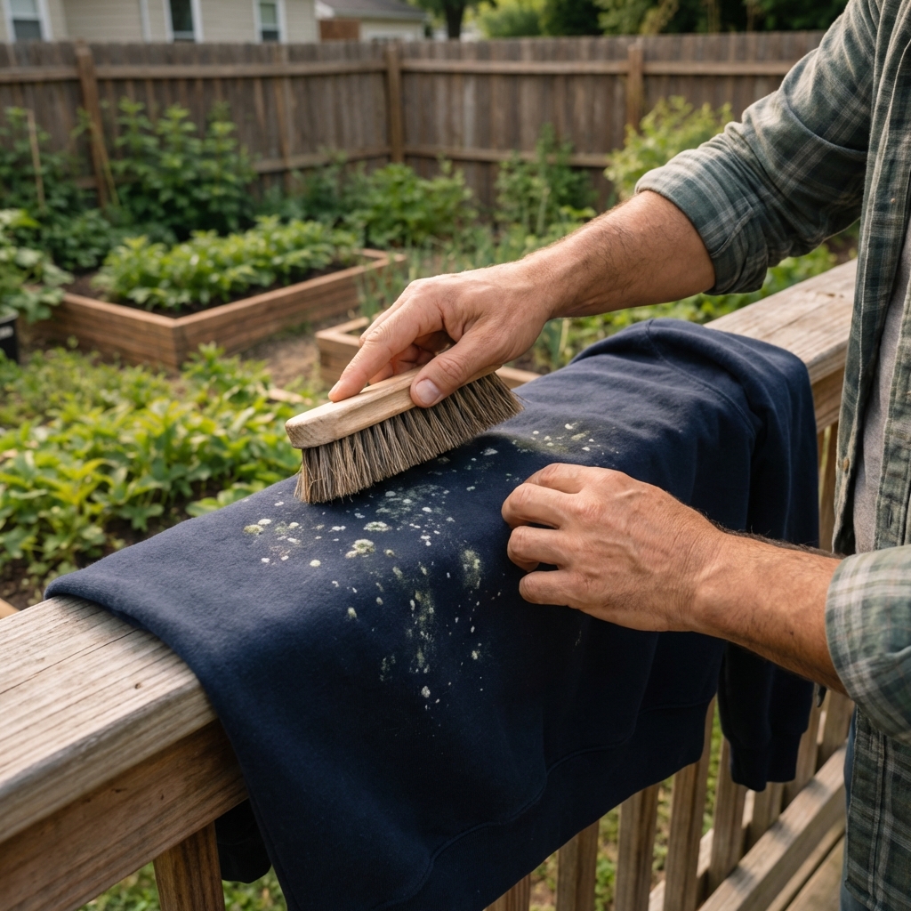 A real photo of hands brushing small mold spots off a dark sweatshirt outdoors on a porch