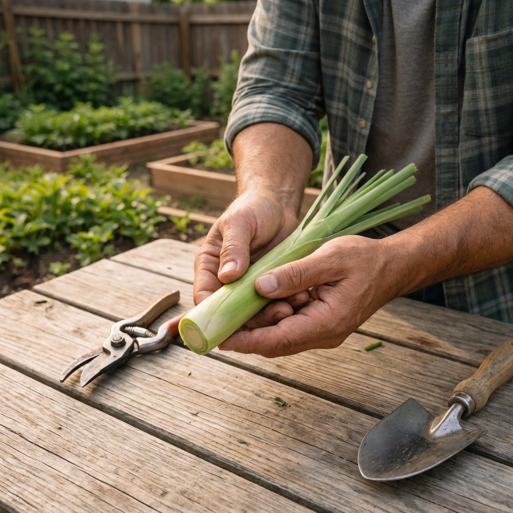 A real photo of hands holding a freshly cut lemongrass stalk on an outdoor table, with garden tools nearby