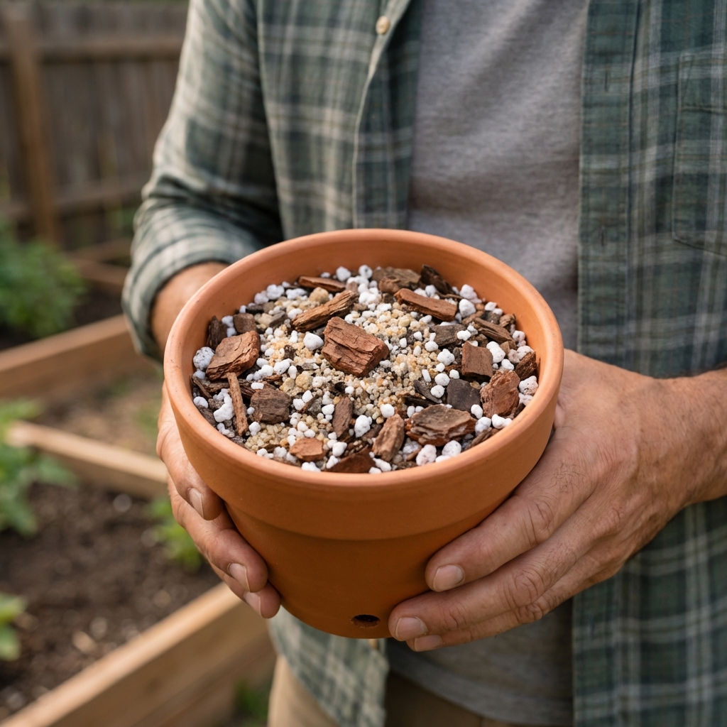 A real photo of hands holding a small pot with drainage holes and a coarse potting mix with perlite