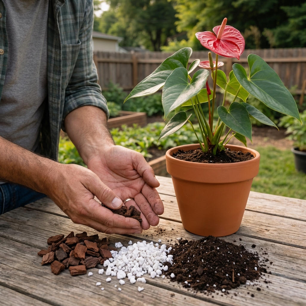 A real photo of hands holding orchid bark, perlite, and potting mix next to an anthurium pot on a table
