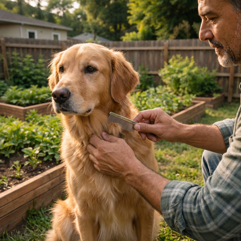 A real photo of hands using a flea comb on a calm dog outdoors in natural light