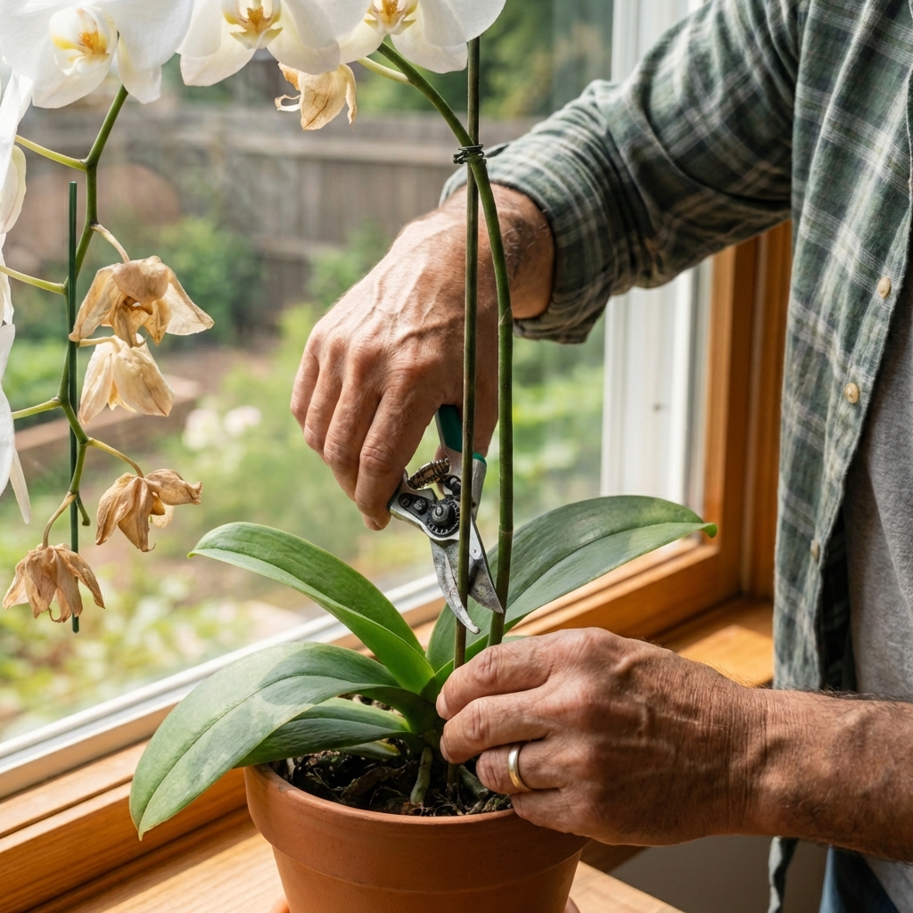 A real photo of hands using clean pruning shears to cut a green orchid flower spike near the base