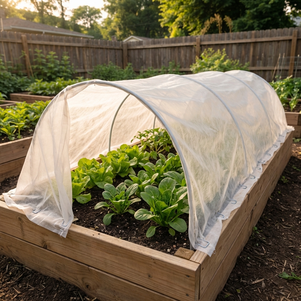 A real photo of lightweight row cover fabric stretched over hoops on a garden bed with the edges pinned down