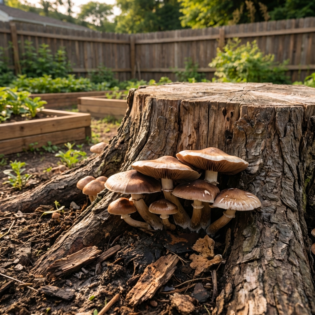A real photo of mushrooms clustered near the base of a cut tree stump in a backyard