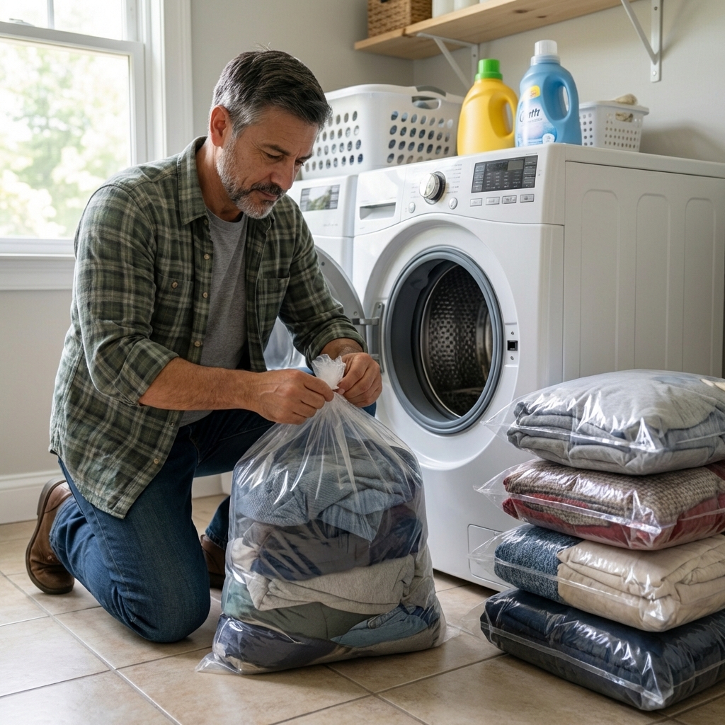 A real photo of neatly sealed plastic bags of laundry next to a washing machine in a home laundry room