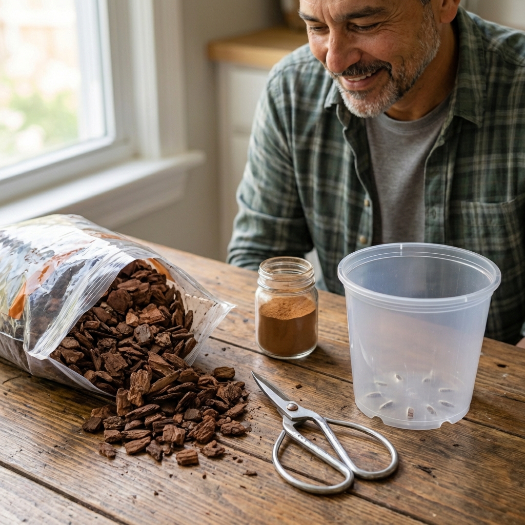 A real photo of orchid repotting supplies on a table: bark mix, clean scissors, cinnamon, and a clear orchid pot