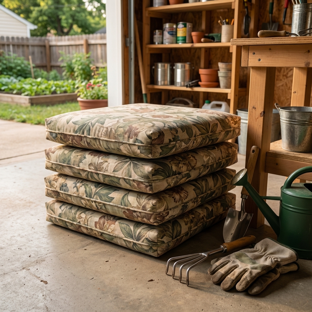 A real photo of outdoor patio chair cushions stacked on a garage floor near gardening tools