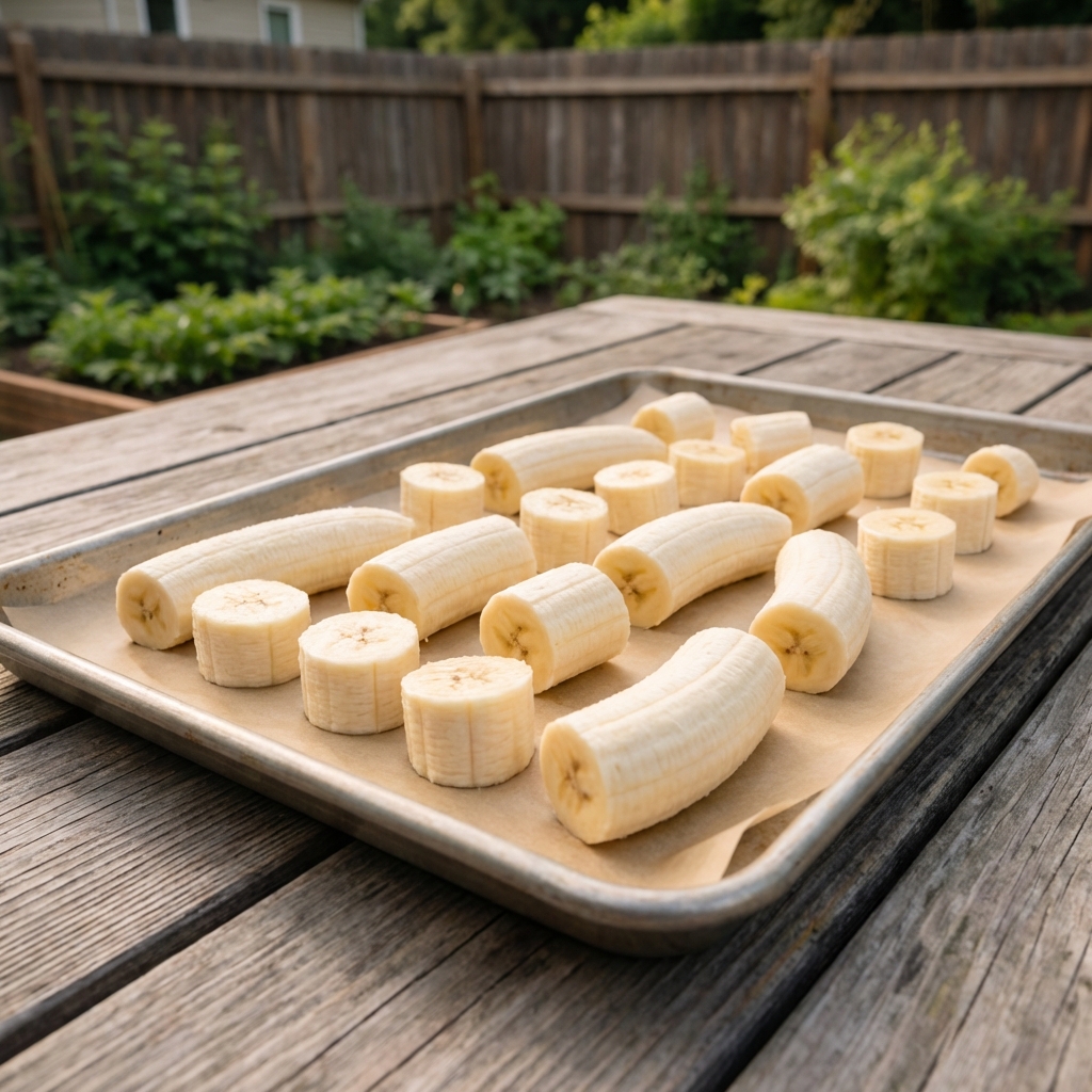 A real photo of peeled banana slices spread on a parchment-lined baking sheet ready to be frozen