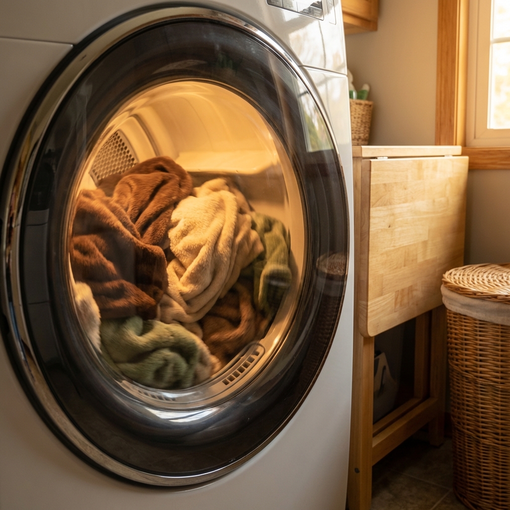 A real photo of pet blankets tumbling in a clothes dryer with warm light