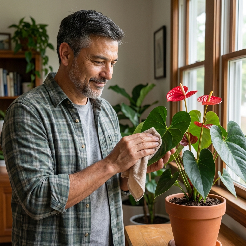 A real photo of someone gently wiping an anthurium leaf with a soft damp cloth indoors