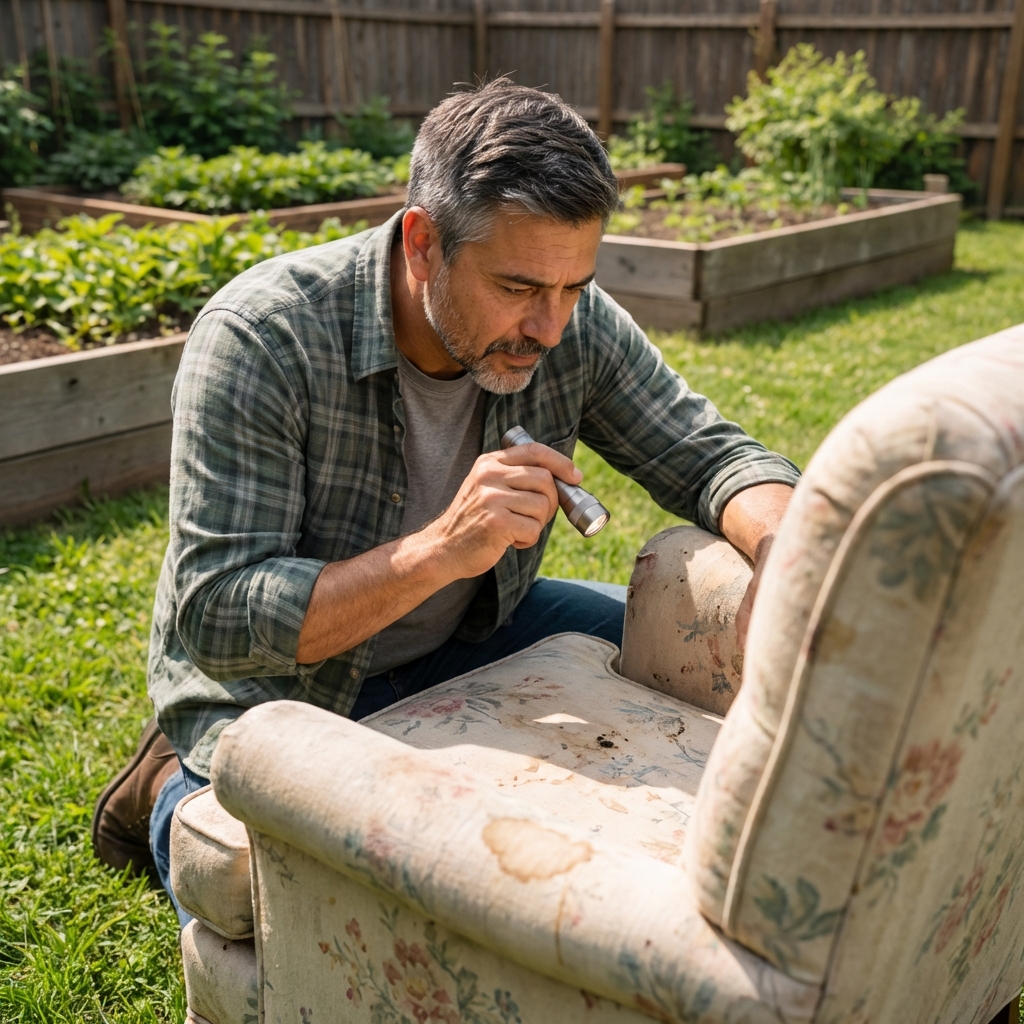 A real photo of someone inspecting a secondhand upholstered chair outdoors in daylight