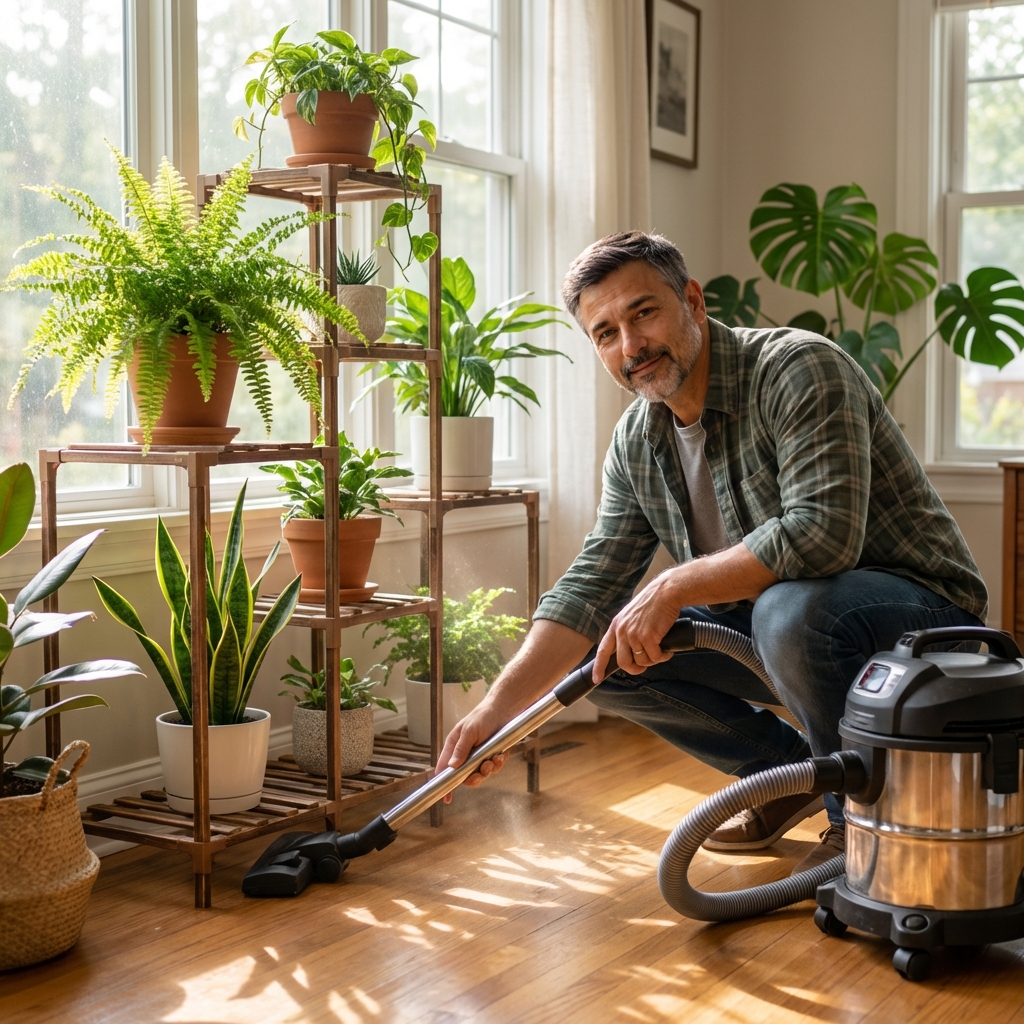 A real photo of someone vacuuming under an indoor plant stand with several potted plants