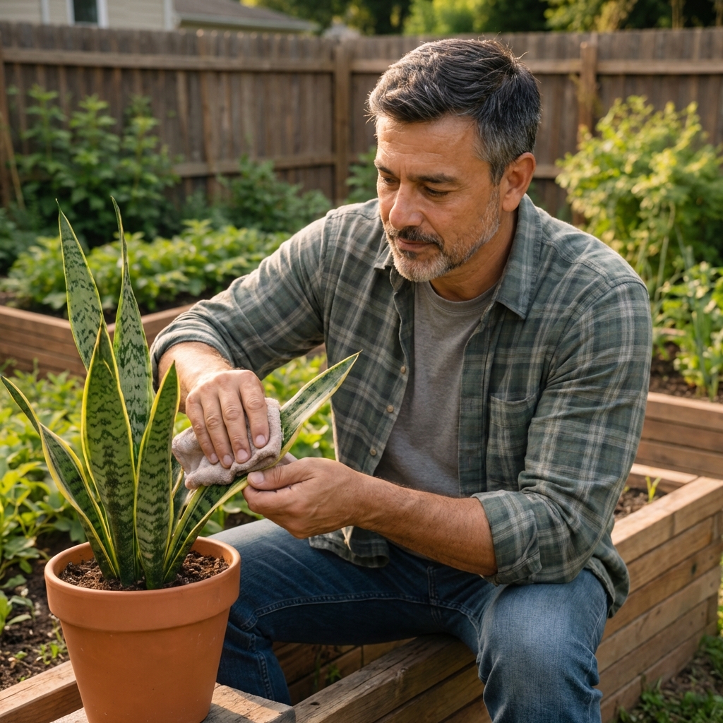 A real photo of someone wiping snake plant leaves with a soft damp cloth