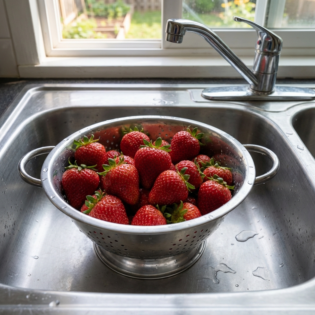 A real photo of strawberries draining in a metal colander in a kitchen sink