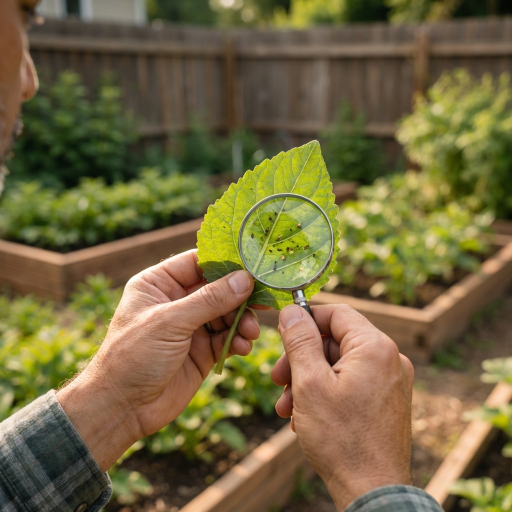 A real photo of the underside of a plant leaf being inspected closely for tiny pests in bright natural light
