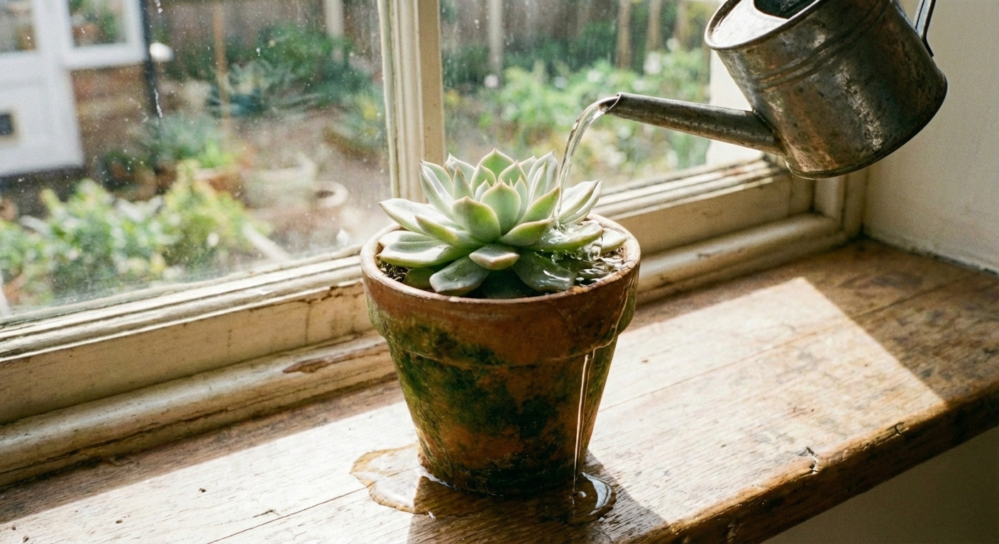 A real photo of water pouring from a watering can into a small succulent pot, with water draining out the bottom