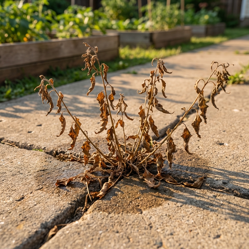 A real photo of wilted brown weeds in a sidewalk crack after being sprayed on a sunny afternoon