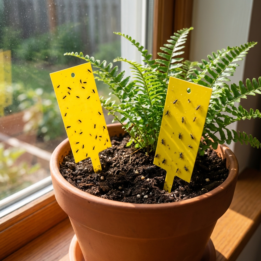 A real photo of yellow sticky traps placed in a houseplant pot near the soil surface