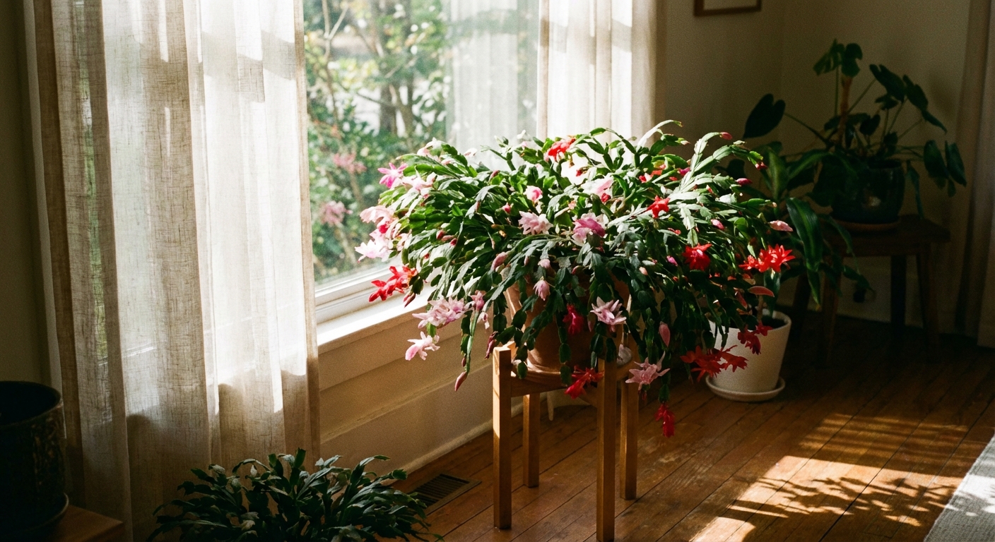 A real photograph of a Christmas cactus placed a few feet back from an east-facing window with filtered light