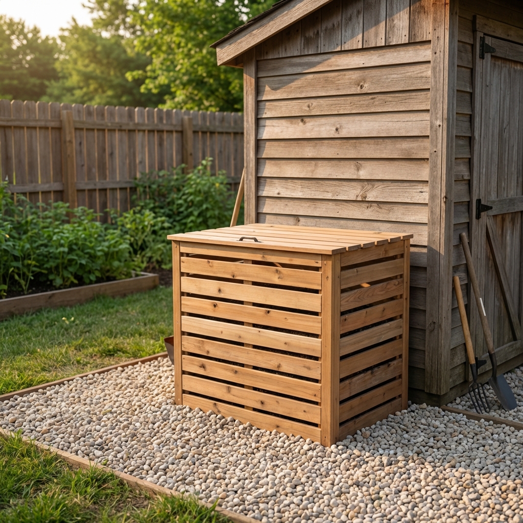 A real photograph of a closed compost bin beside a garden shed with a clean gravel area around it