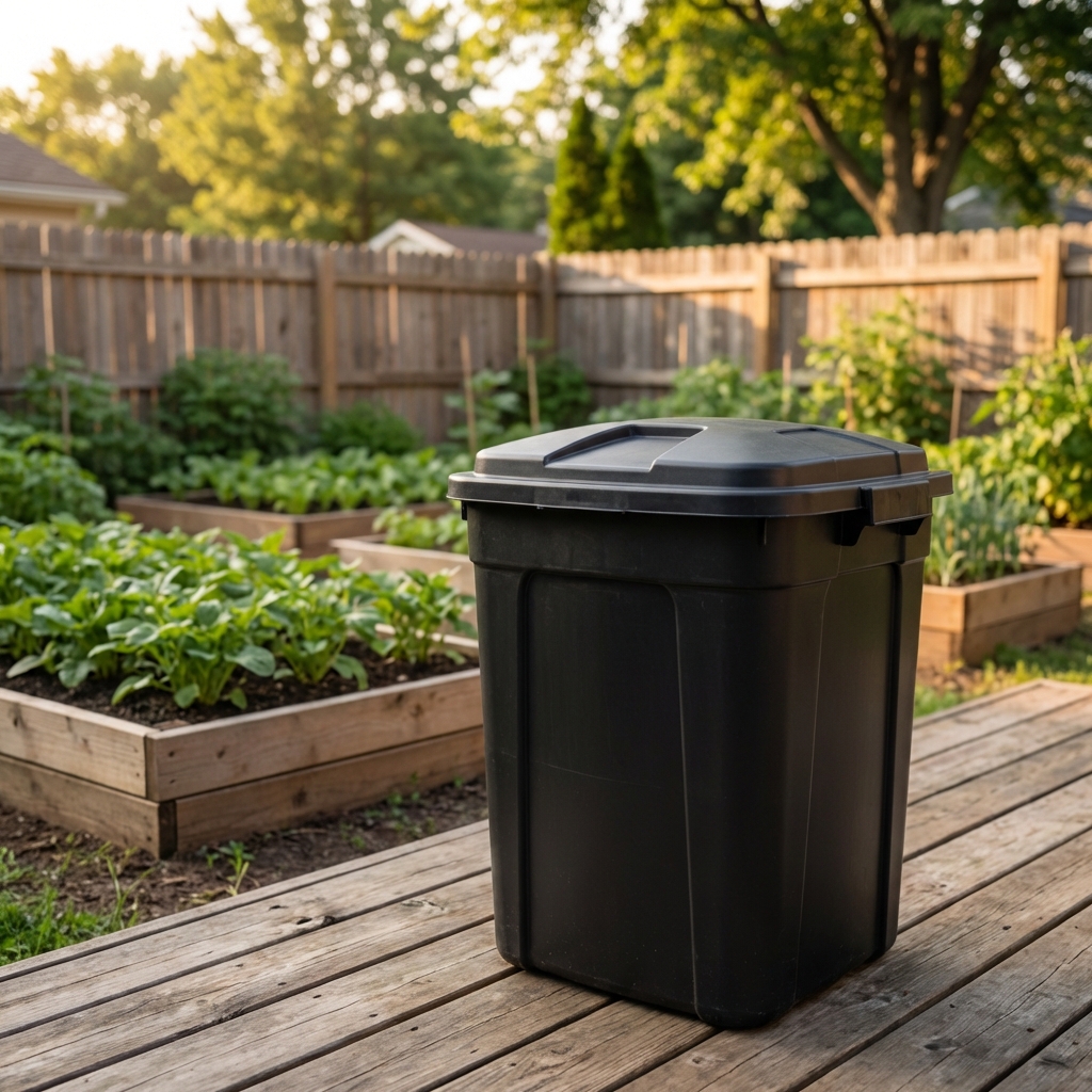 A real photograph of a closed compost bin on a patio with a tidy garden area in the background