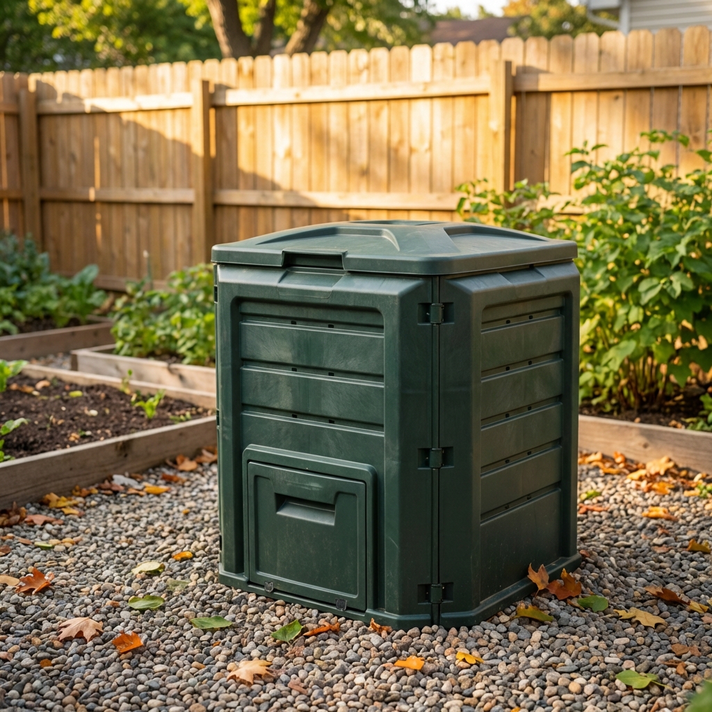 A real photograph of a closed plastic compost bin sitting on gravel in a backyard with fallen leaves nearby