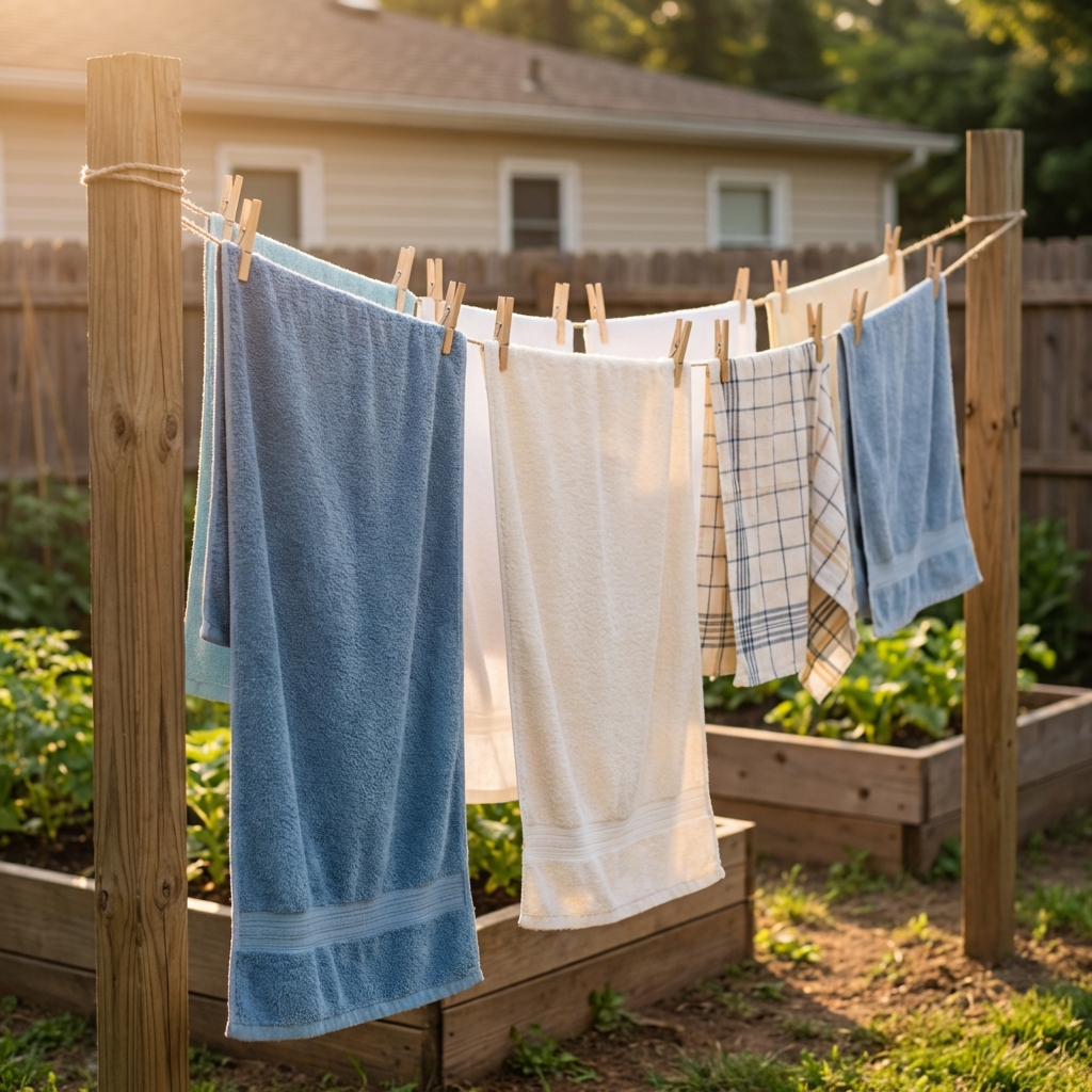 A real photograph of a clothesline in a backyard with towels hanging to air dry in sunlight