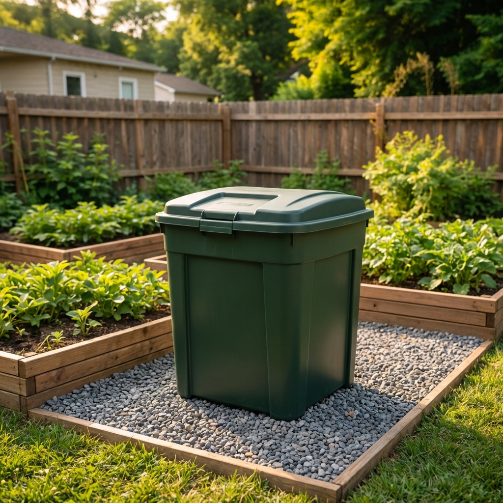 A real photograph of a compost bin with a closed lid sitting on a gravel pad in a backyard